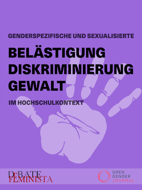 Purple Background with hand, Text Genderspezifische und sexualisierte Belästigung, Diskriminierung Gewalt im Hochschulkontext
