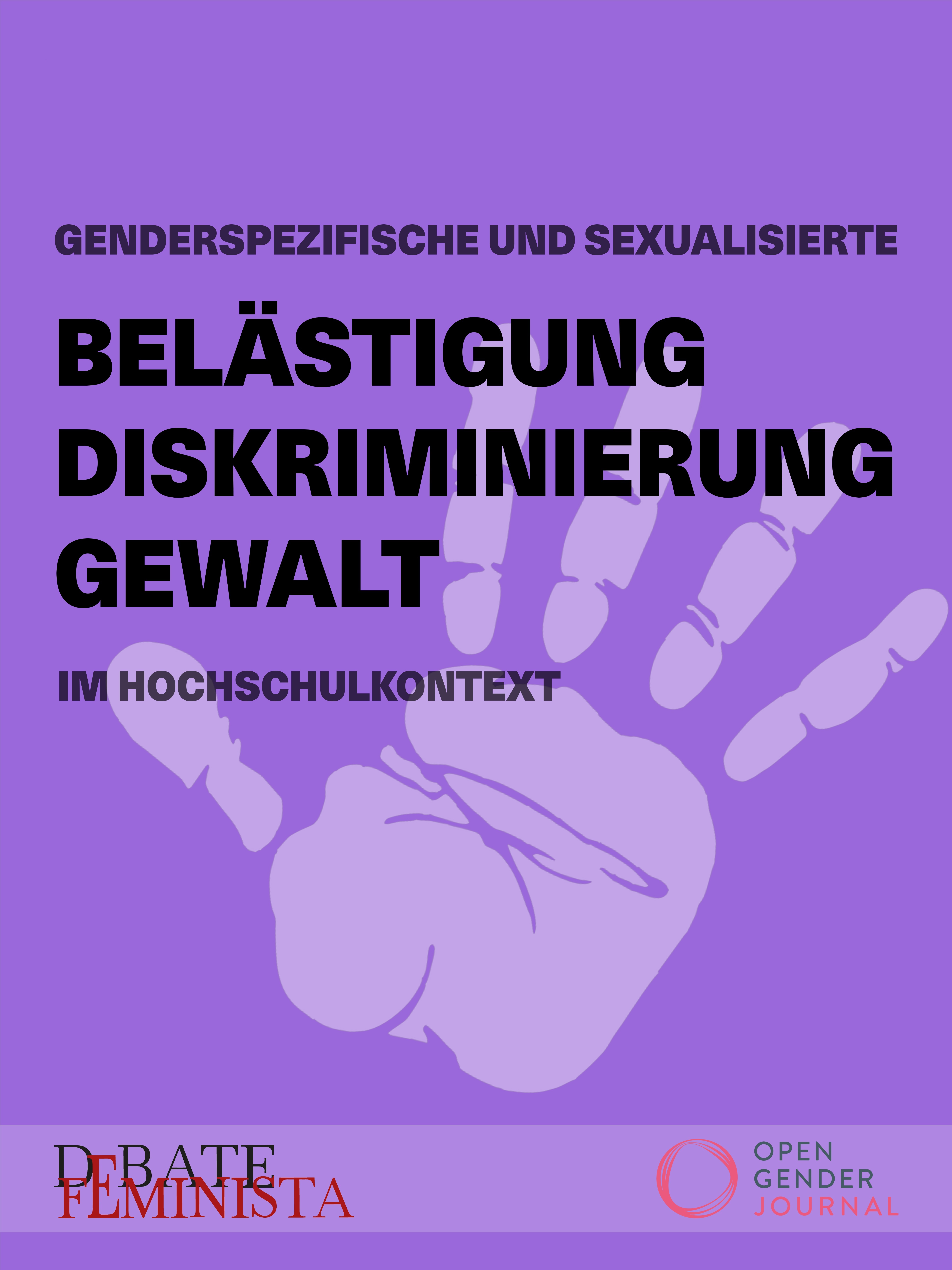 Weiße Hand auf lila Hintergrund, Text: Belästigung, Diskriminierung, Gewalt im Hochschulkontext