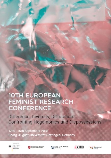 Cover of the 10th European Feminist Research Conference: An iridescent crinkled texture in shades of red and green