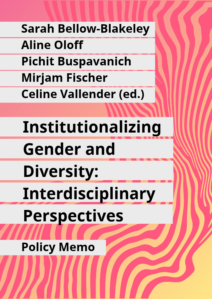 Titelblatt mit den Namen der Herausgeber:innen und dem Titel 'Institutionalizing Gender and Diversity: Interdisciplinary Perspectives Policy Memo' vor einem rosa Hintergrund mit wellenförmigen Linien.